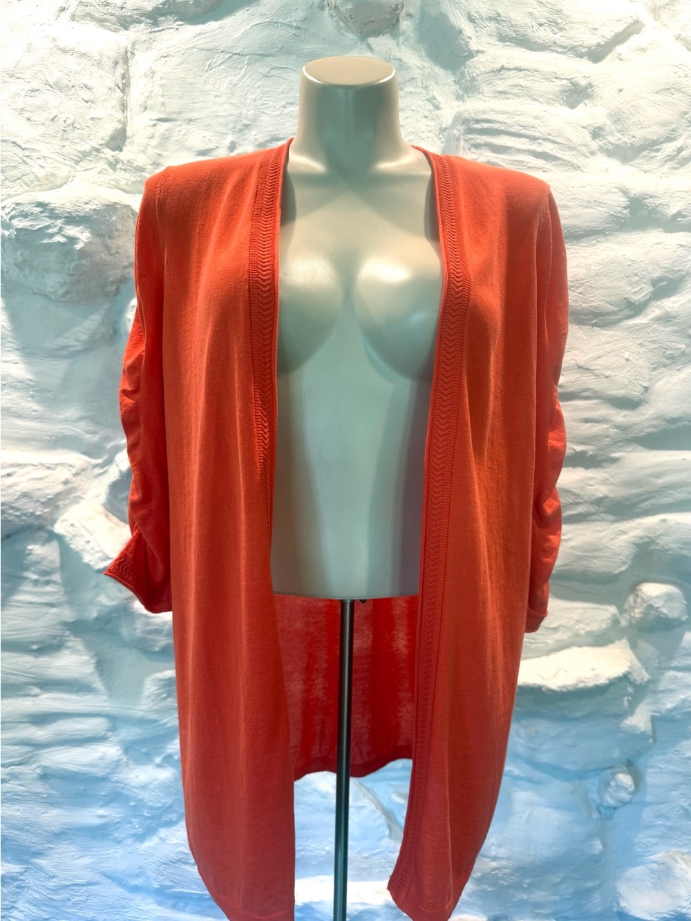 Chicos Open-Front Lightweight Cardigan Orange Size 2 L Ruffle 3/4 Ruched Sleeve